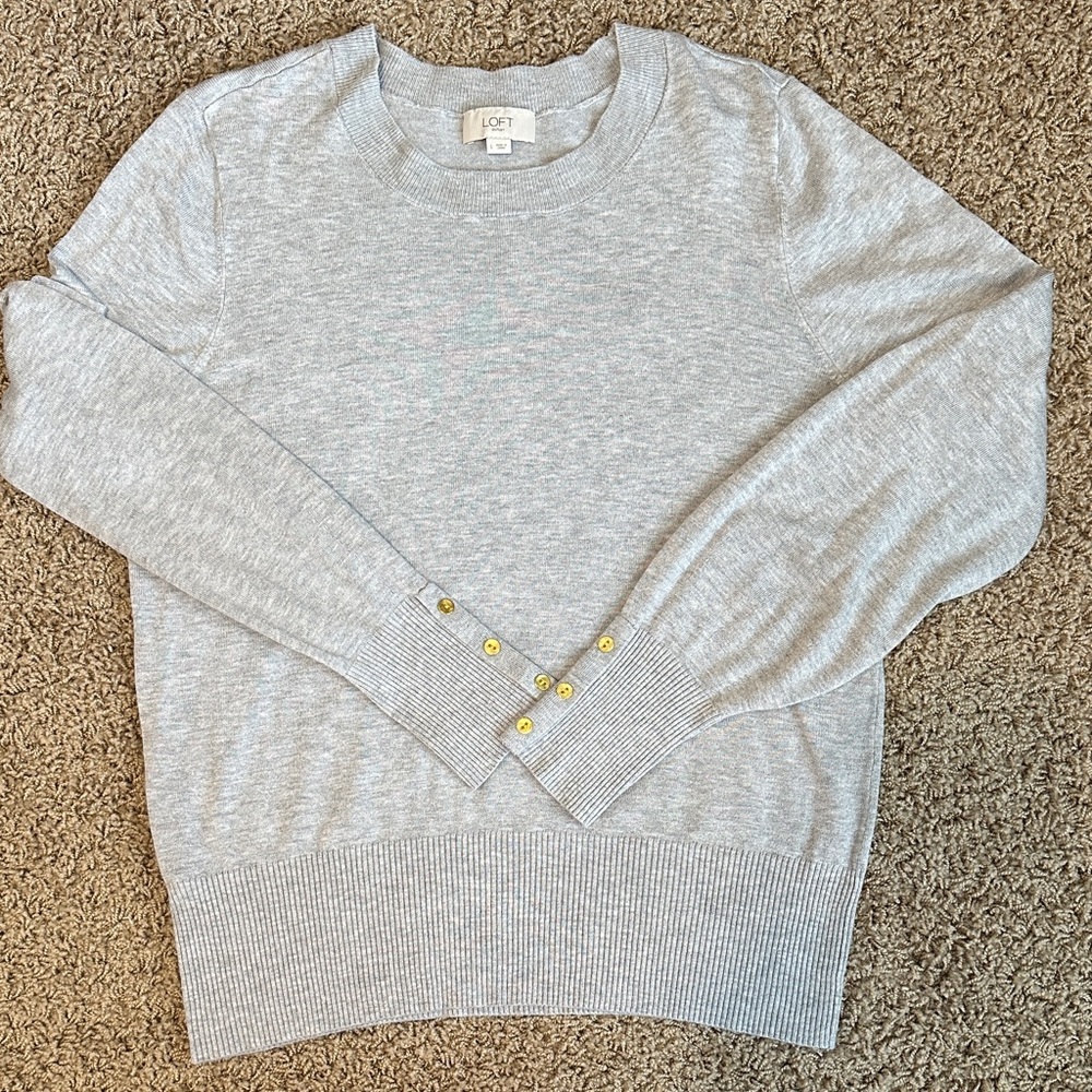 LOFT Light Gray Crew Neck Sweater with Gold Accents